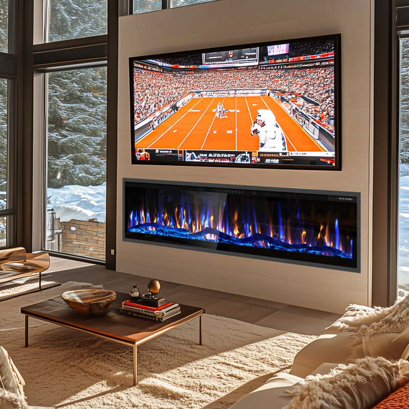 Narrow Bezel WiFi Smart Fireplace Recessed & Wall Mounted, Linear Fireplace w/App, Remote Control, Adjustable Temperature, Log Flame Option
