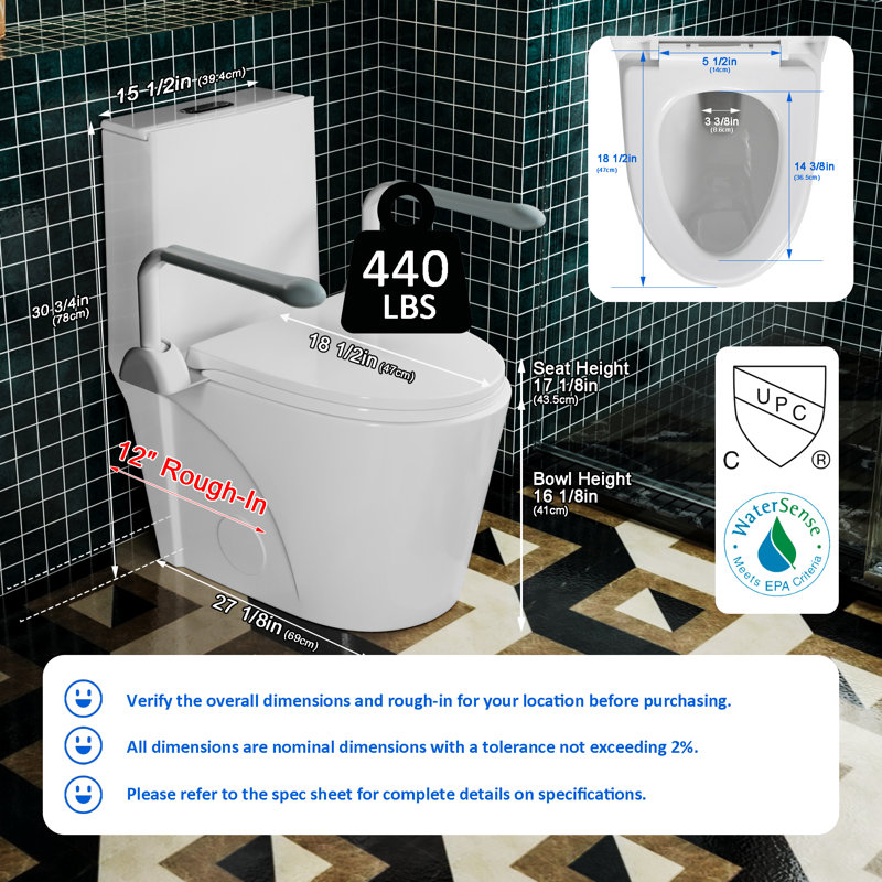 Toilette allongée une pièce avec accoudoirs ADA, hauteur de confort 17,1 po, double chasse 1,1 / 1,6 GPF, performance de 1000 g par carte