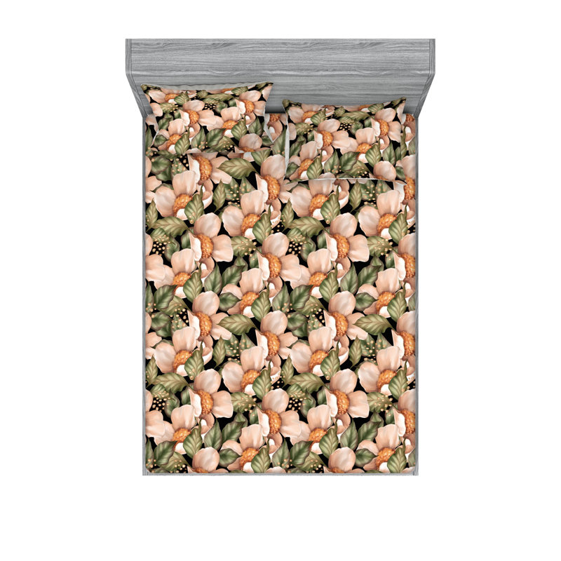 Drap-housse et taies décoratives 3 pièces Ambesonne, Vert olive pâle / motif floral rosé