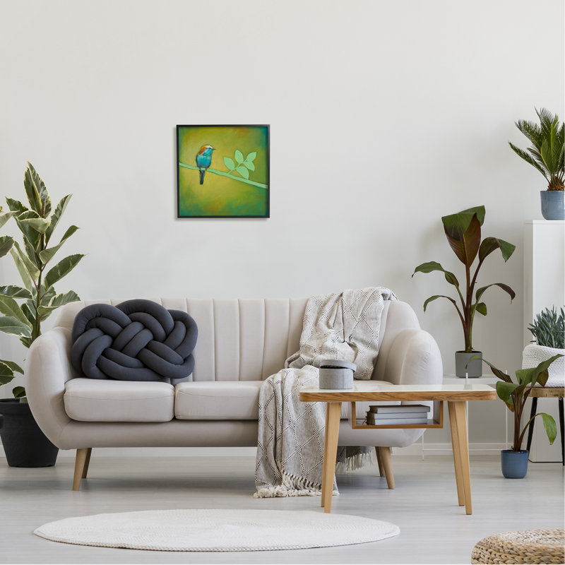 Oiseau sur une branche verte par Stacy Daguiar, H 17 po x l 17 po x P 1,5 po, Giclée encadrée noir minuit