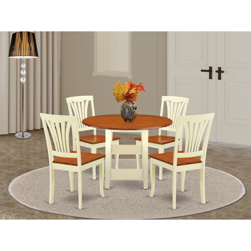 L'ensemble de mobilier de salle à manger 5 pièces comprend une table ronde avec Dropleaf et des tablettes et 4 chaises en bois, babeurre et cerise