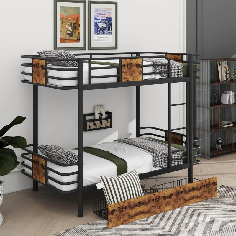Un lit mezzanine en métal avec configuration simple TG sur simple TG, Noir, noir, noir, noir