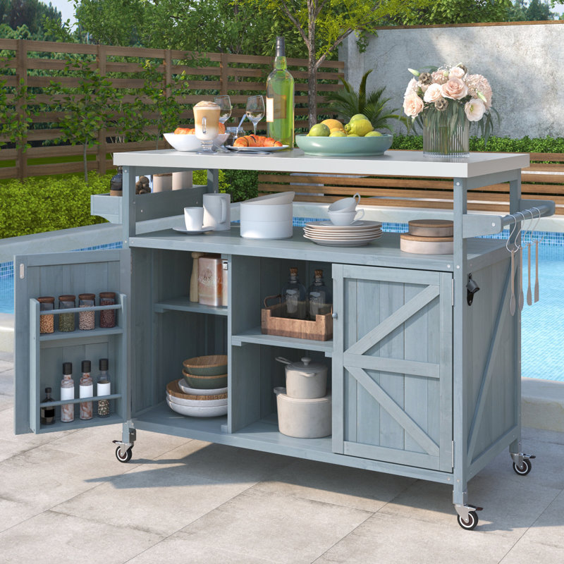 Chariot de barbecue extérieur French Country: plateau en acier inoxydable et bois. Rangement. 4 roues verrouillables lisses. Gris-bleu Chariot à épices avec tablettes réglables pour serviettes