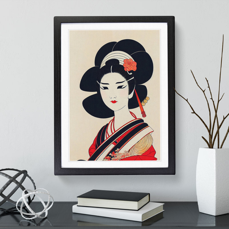 XV1022-4969X View Of A Geisha No.4 - Print, White, 66cm H x 48cm W, Black Framed