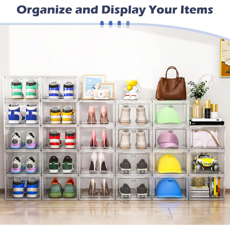 Shoe Storage Box, 6 Pcs Shoe Box Clear Plastic Stackable, Sturdy Foldable Shoe Organizer Containers With Magnetic Door, White