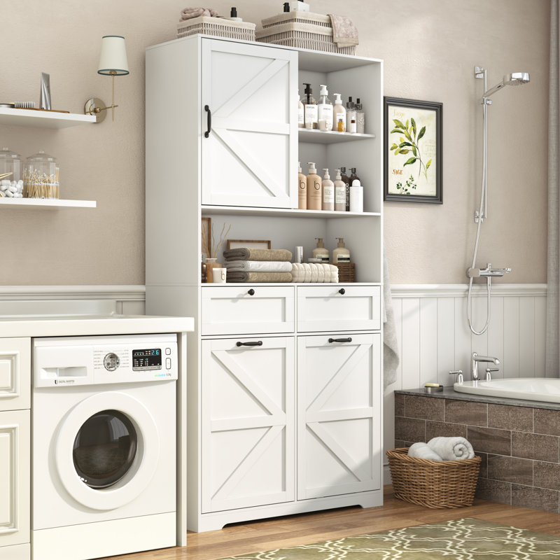 Armoire de rangement à porte de grange coulissante 78,7 po H, armoire de rangement autoportante pour salle de bain avec 2 paniers à linge et 2 tiroirs