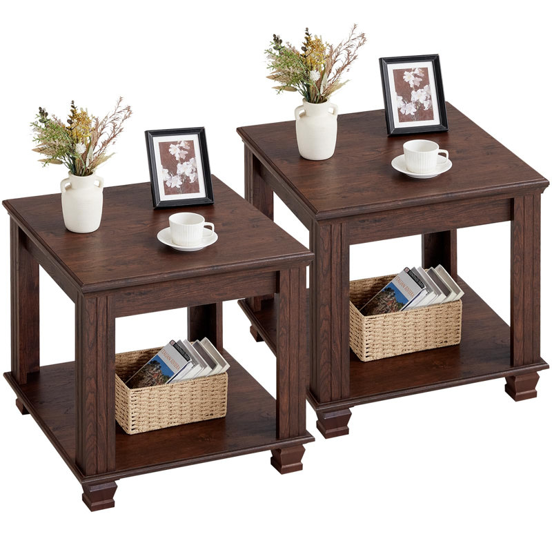 Farmhouse End Table Set of 2,Large Side Table With 2-Tier Storage Shelf,Rustic Brown End Tables For Living Room,Square Tea Table,Walnut