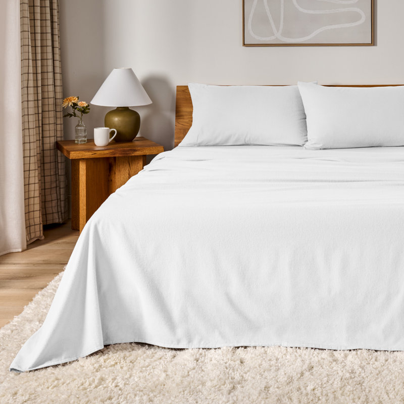 100% Cotton Flannel Sheet Set, White, Full / Double Sheet Set with 2 Pillowcases