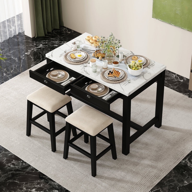 Ensemble de table de salle à manger 5 pièces pour 4 personnes, table de cuisine moderne à hauteur de comptoir et chaises, ensemble de 4 avec tiroirs de rangement, table de salle à manger en marbre avec 4 chaises rembourrées pour petits espaces