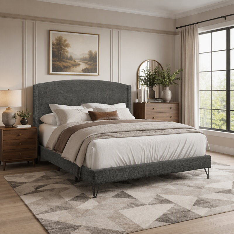 Base de lit plateforme tapissier Boucle, Très grand lit, Gris foncé