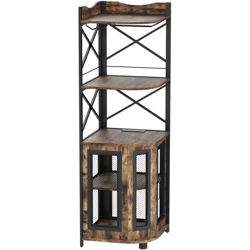 Meuble-bar de coin avec prise électrique, meuble de rangement pour bouteilles et spiritueux à 5 niveaux avec éclairage DEL et porte-verres, brun rustique