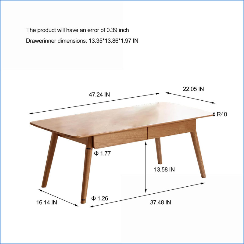 Table basse North American FAS-Grade en chêne massif avec 2 tiroirs, facile à assembler en 10 minutes Robot-Clean Ready