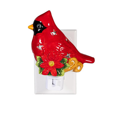 Ceramic Cardinal with Poinsettia Cutouts Nightlight