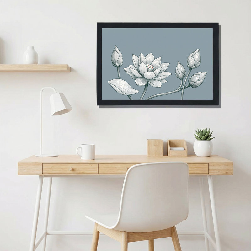Illustration au trait de fleur de lotus et de bourgeons sur fond bleu ardoise, pour tableau mural, H 20 po x l 30 po