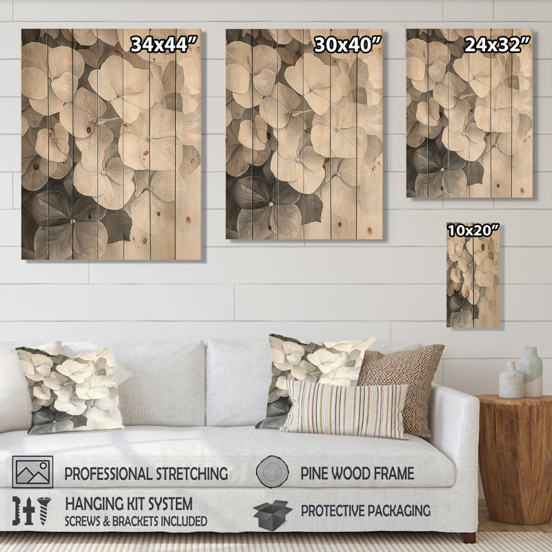 Vintage Hydrangea In Monochrome I - Hydrangea Wood Wall Decor - On Natural Pine Wood, 32" H x 24" W x 0.78" D