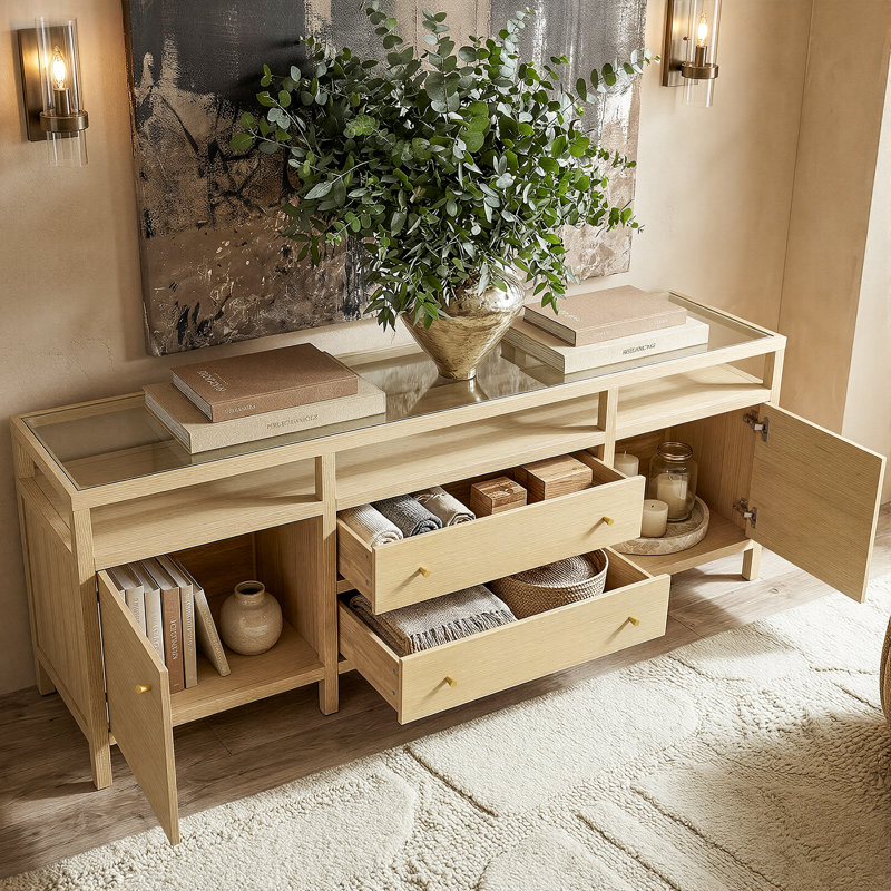 Buffet 100% bois massif 78 po avec plateau en verre transparent