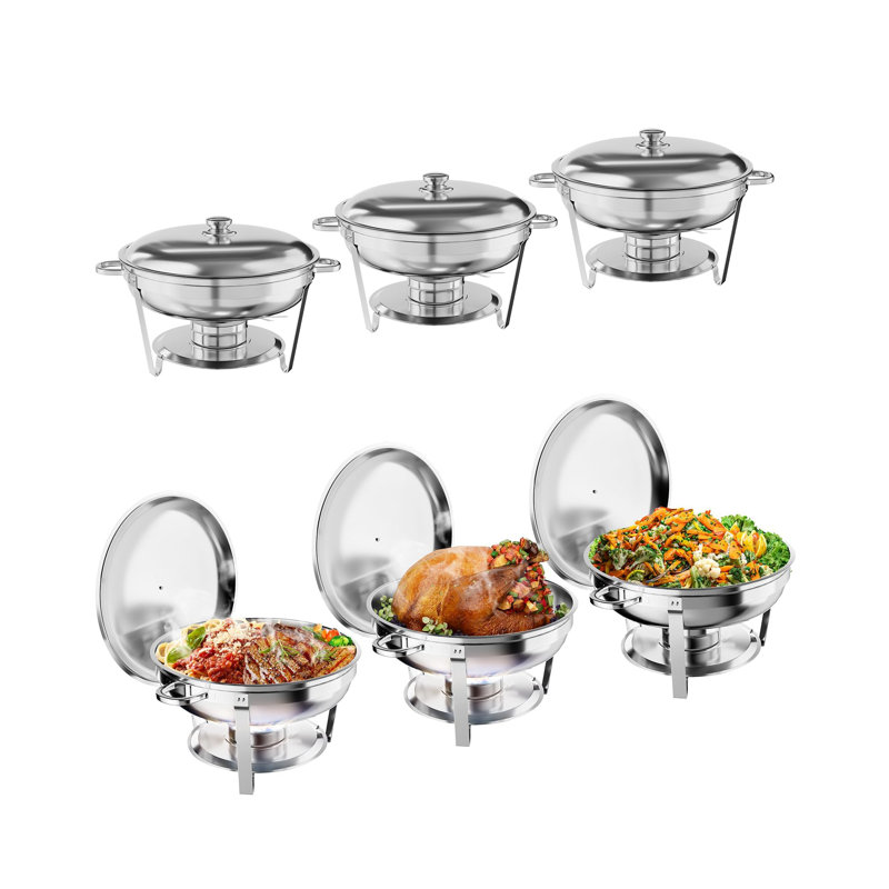 5QT Round Stainless Steel Chafing Dish Buffet Set – with Lid, Spoon & Tweezers – Food Warmer for Parties, Weddings, Banquets, Catering- 6 Pcs