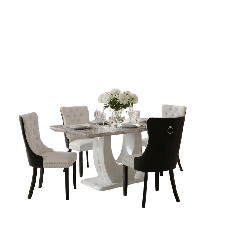 Ensemble de salle à manger 5 pièces rectangulaire en marbre blanc 63 po avec 4 chaises en velours capitonné, Noir / blanc