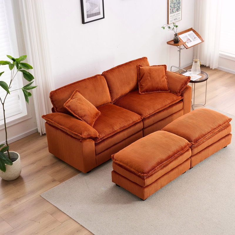 Canapé en velours côtelé 2 places avec coussins de dossier et de repose-pieds, deux repose-pieds, assise profonde pour une détente confortable dans le salon, orange