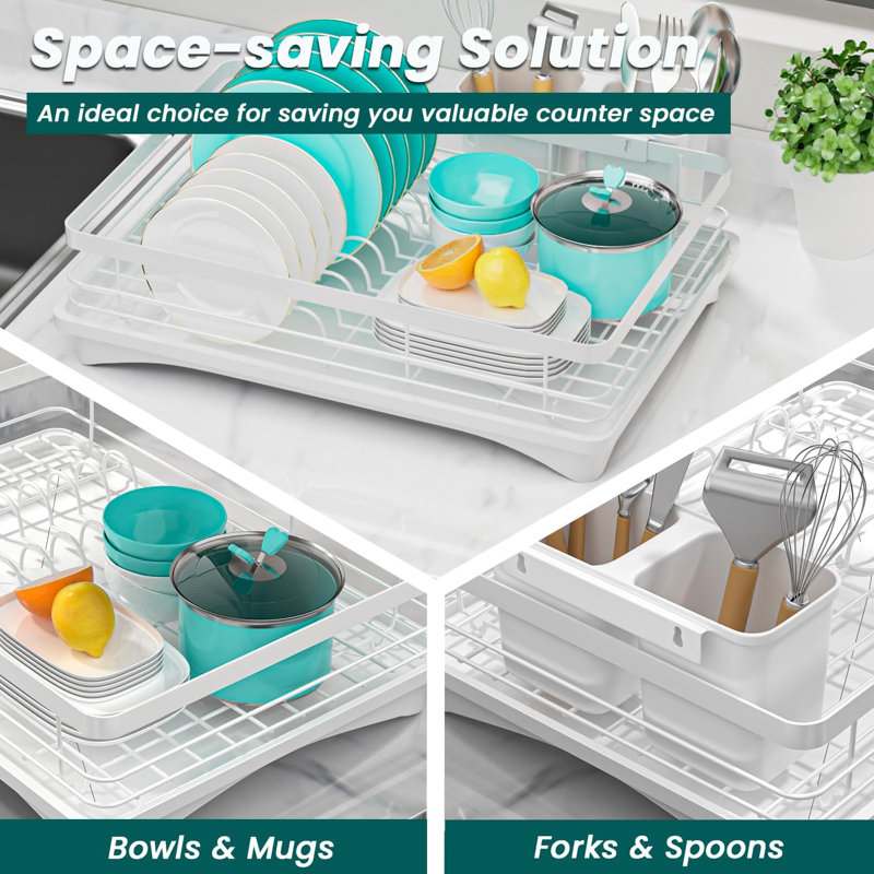 Égouttoir à vaisselle compact avec bec rotatif, porte-ustensiles et égouttoir - peu encombrant et antirouille pour les petites cuisines
