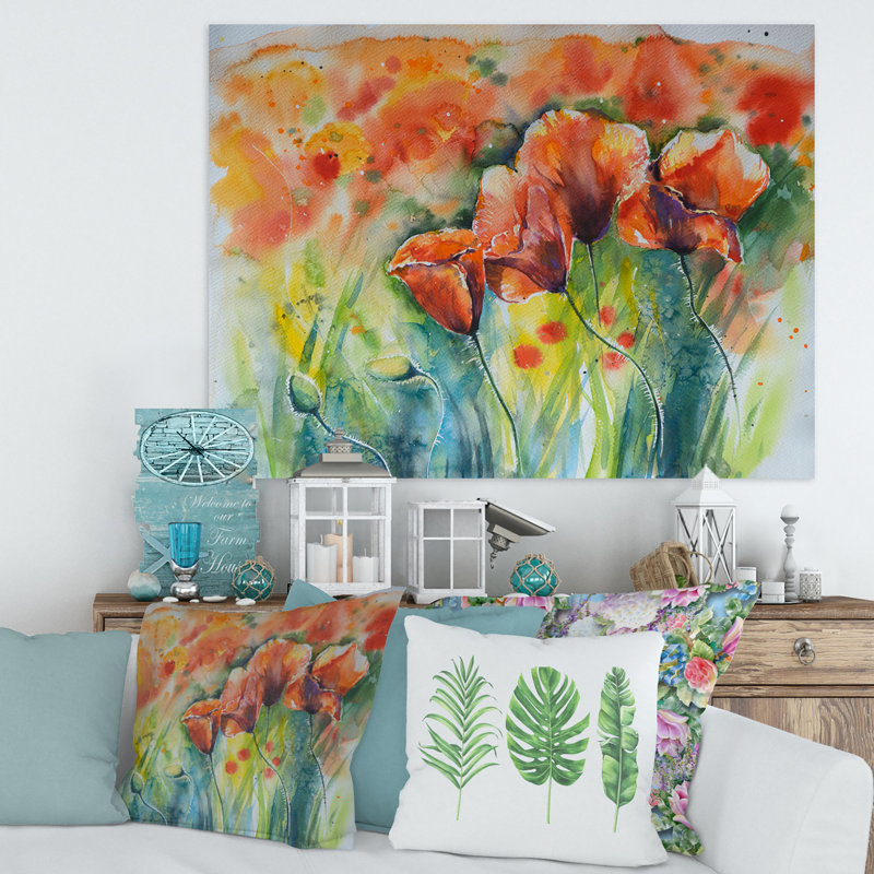 Red Blossoming Poppies V - peinture sur toile, Toile tendue, H 12 po x l 20 po x p 1 po
