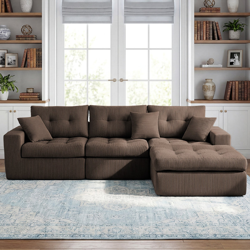 Canapé convertible en coin avec méridienne à compression Corduroy, canapé modulaire en L avec éponge haute densité, canapé convertible sans assemblage requis