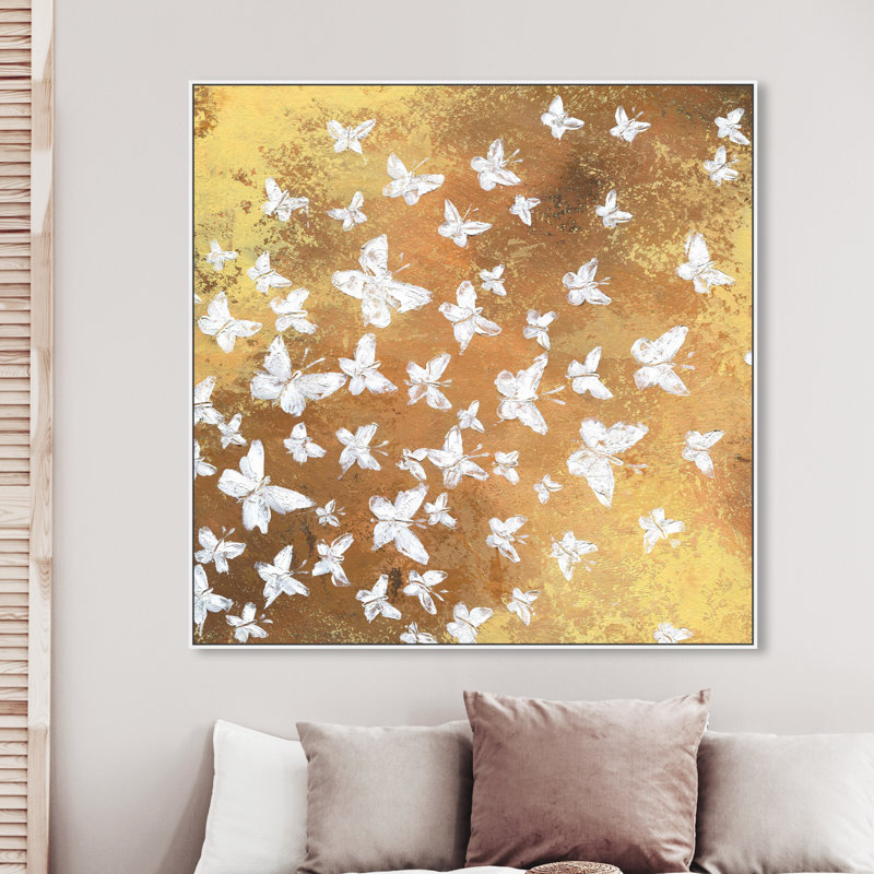 Animaux, papillons dorés dans le vent, insectes - peinture sur toile, H 24 po x l 24 po, Cadre flottant blanc