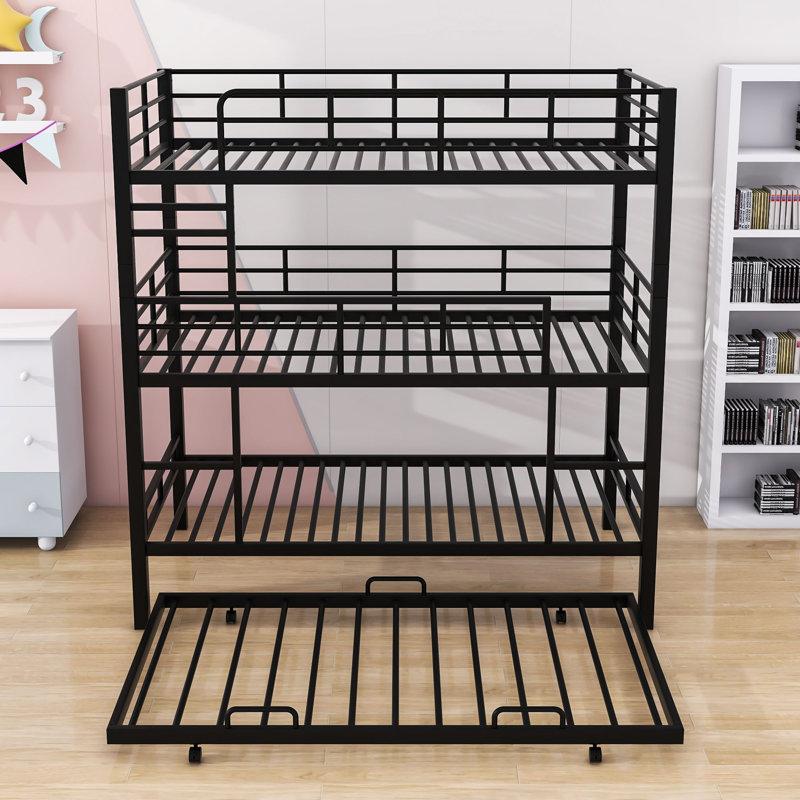 Metal Twin Triple Bunk Bed With Trundle, Black