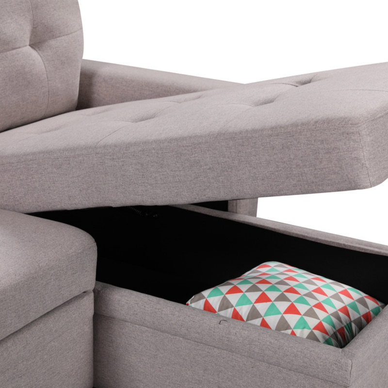 Canapé-lit modulaire réversible avec méridienne de rangement, ports de chargement USB et poche, Gris clair