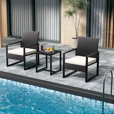 3-Piece Outdoor Patio Furniture Set Rattan Wicker Chairs With Cushions And Glass-Top Table Garden Porch Conversation Set For Backyard Balcony And Deck