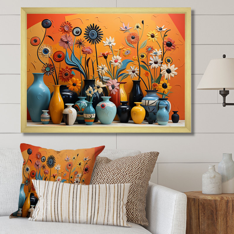 «Orange Boho Pottery Expressions II», art mural Boho, Cadre doré à coins fermés, H 12 po x l 20 po x P 1 po