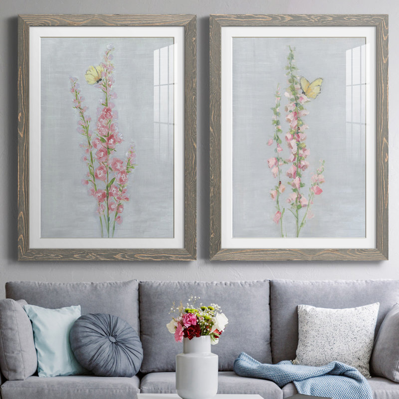 Foxglove Garden I - ensemble de 2 reproductions, H 37,5 po x l 55 po x P 1,5 po, Cadre en papier gris, Blanc