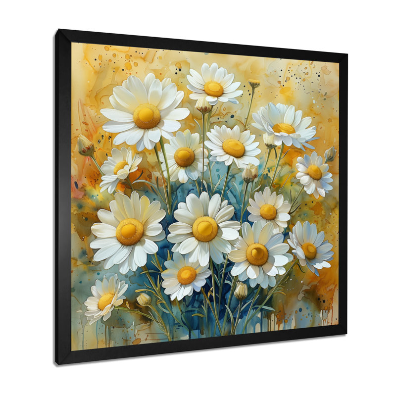 «Yellow Yellow Summer Daisies Flowers Explosion II» - impression d'art mural marguerites, Cadre simple noir