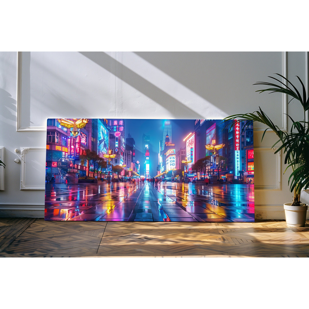 Bilder auf Leinwand 120x60cm Großstadt Lichter Blau Neonlicht Hochhäuser