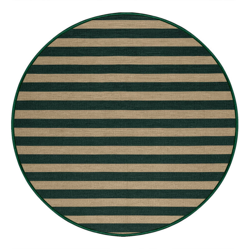 Machine Washable Horizontal Stripes Green Area Rug, Round 3'