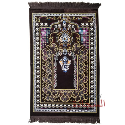 Tapis de prière islamique - fleurs de Mehrab colorées brun foncé Ja Namaz Salah