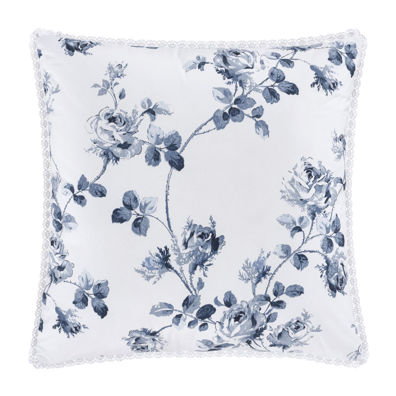 French Blue Floral Square Cotton Throw Pillow