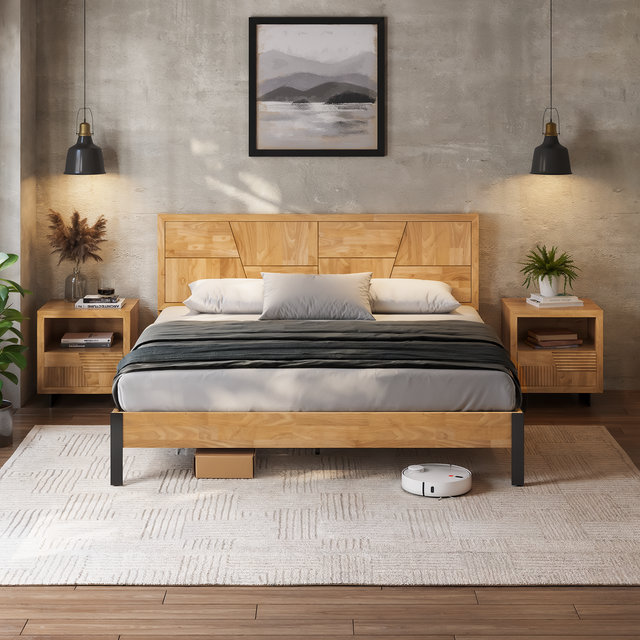 Trapeze Modern Industrial Platform Bed Frame - Light Natural Finish with Smooth Pattern Headboard & Iron Legs, King