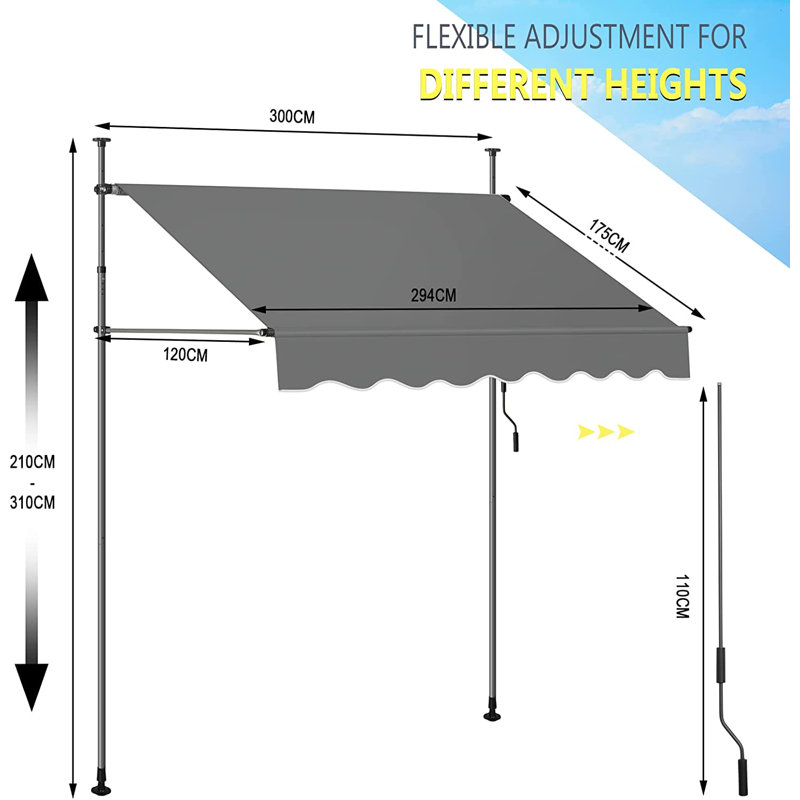 Dakota Fields 300cm W x 120cm D Polyester Cover Retractable Patio Awning, Anthracite