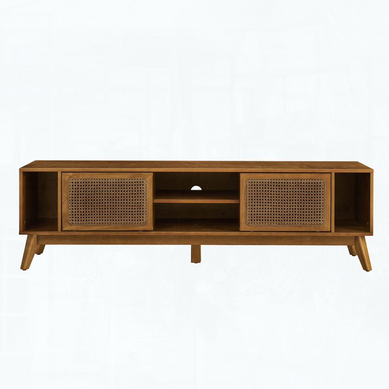 Meuble télé Mid-Century en rotin pour téléviseur de 75 po ou moins, avec portes coulissantes et pieds en bois massif