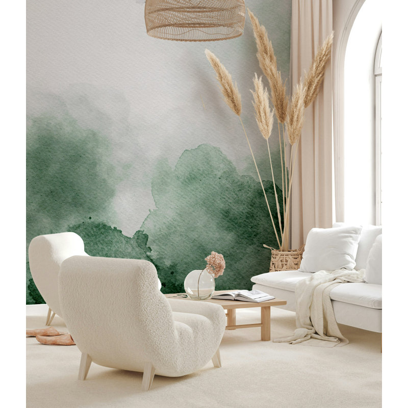 Papier peint abstrait vert aquarelle délavé, L 50 po x l 75 po