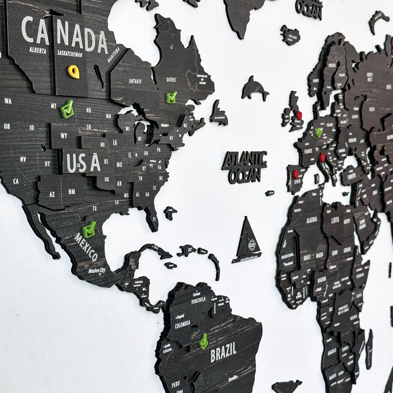 Wooden World Map - Push Pin 3D World Maps - Wooden World Map with States - Wood Wall Art, 100cm x 54cm, Tuana