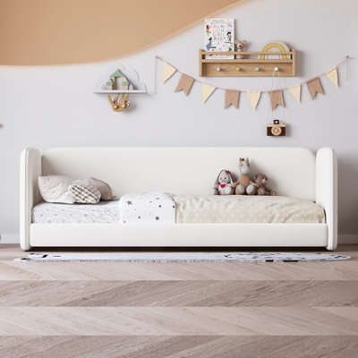 Floor Bed with Upholstered Headboard and Armrests, Floor Bed Frame with Soft and Safe Design, Low Profile Platform Bed with Protective Sides