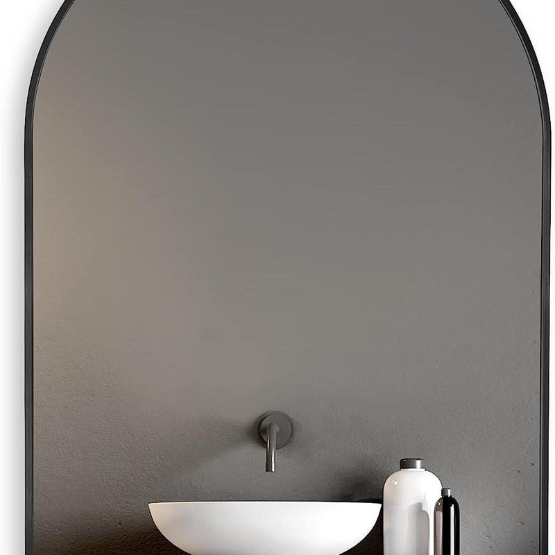 Miroir de salle de bain 20 po x 30 po avec cadre en métal noir arqué pour le mur. (W2203134104)