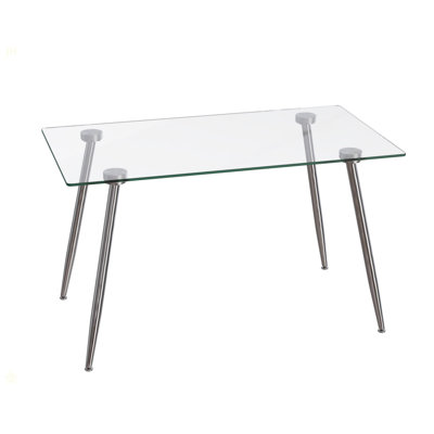 Glass Dining Table, Modern Rectangular Table With Tempered Glass Tabletop & Sliver Metal Legs, Simplistic Kitchen Table, Versatile Table For Home Office (0 Damage)