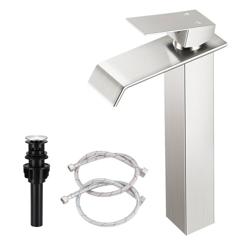 Waterfall Bathroom Vessel Faucet With Pop-Up Drain Single Hole Bathroom Vessel Sink Faucets Stainless Steel Single Handle Tall Bathroom Vanity Basin Taps