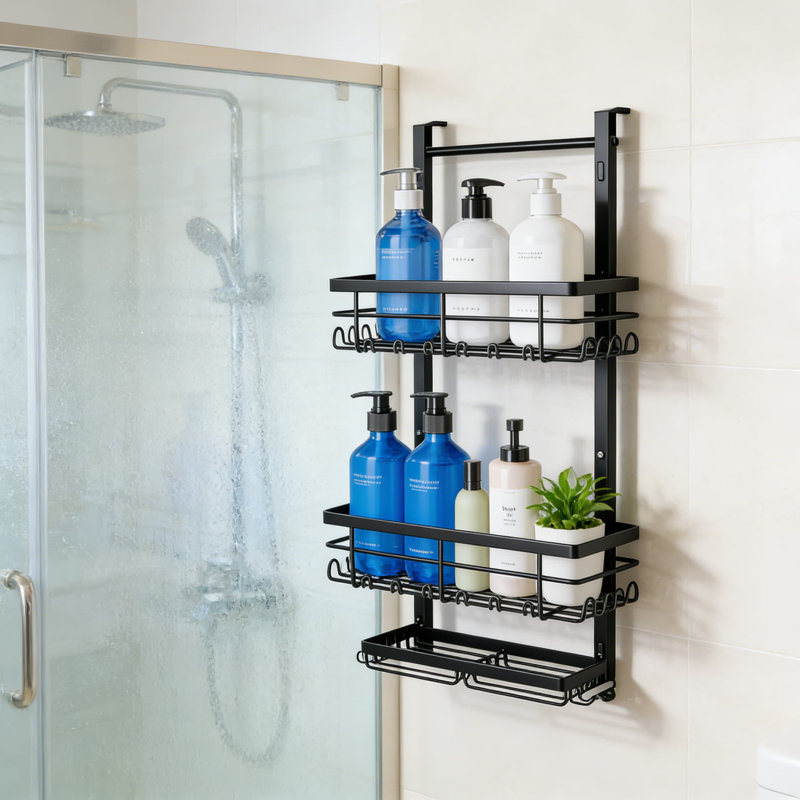 Serviteur de douche au-dessus de la porte - Organisateur de douche suspendu antirouille à 3 niveaux avec tablettes réglables, 28 crochets et porte-savon pour le rangement de la salle de bain