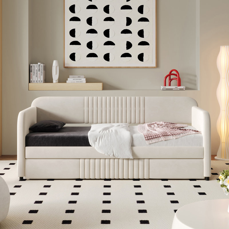 Upholstered Daybed Sofa Bed   With Trundle Bed And Wood Slat, Beige