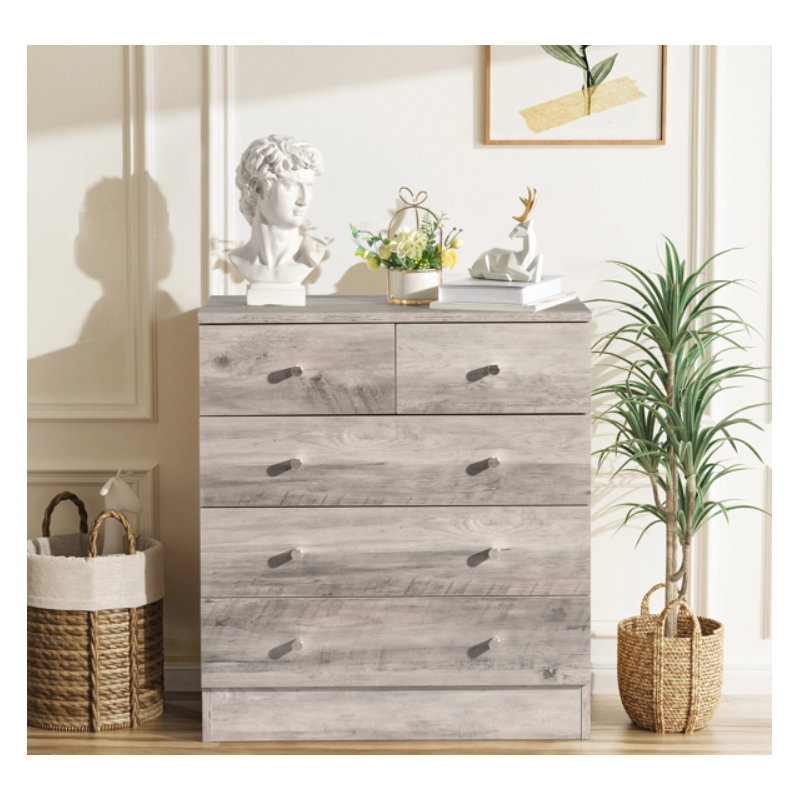 Gray 4-Tier 5-Drawer Dresser With Matte Gold Handles, Bedroom Nightstand Storage Chest