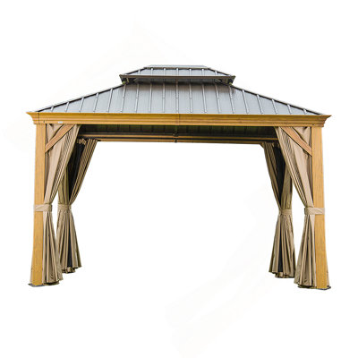 10' X 14' Hardtop Gazebo Outdoor Metal Gazebo Canopy with Galvanized Steel Double Roof, Wood Grain Aluminum Frame, Curtains and Netting for Patio, Deck, Garden